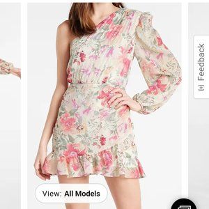 Express Metallic Floral One Shoulder Pleated Romper